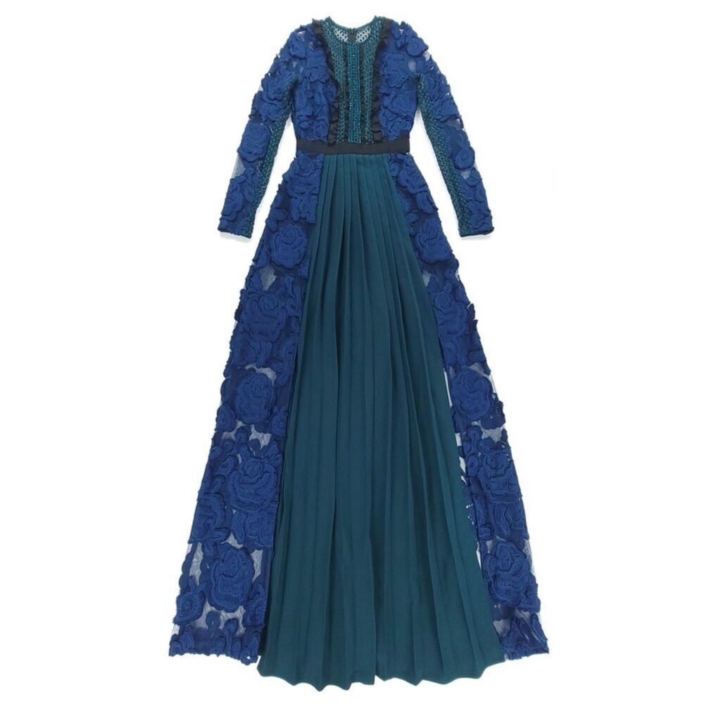 NEW Self Portrait Thea Sheer Lace Applique Pleated Maxi Dress Navy Emerald Gown